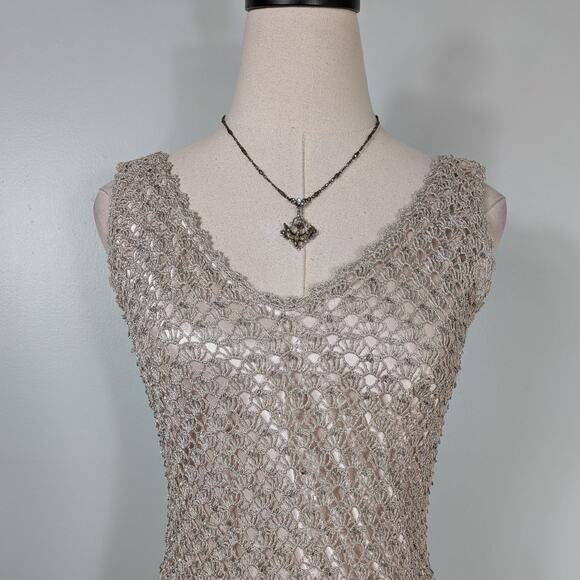 Carmen Marc Valvo Crochet Mini Cocktail Dress M Gold Tan Bead Boho Retro Glam - Picture 4 of 10